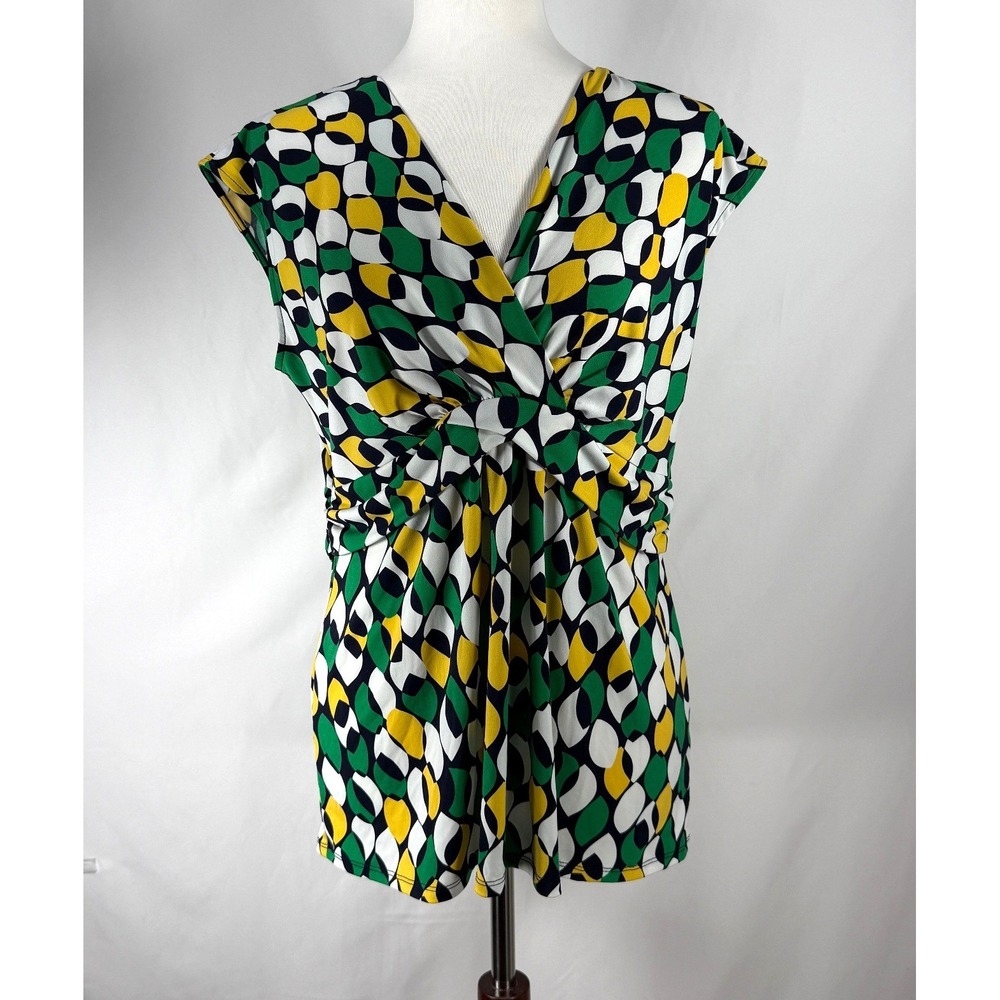 Chaus Print Top Women Size L Green Yellow V-Neck Twist Front Office Mod Abstract